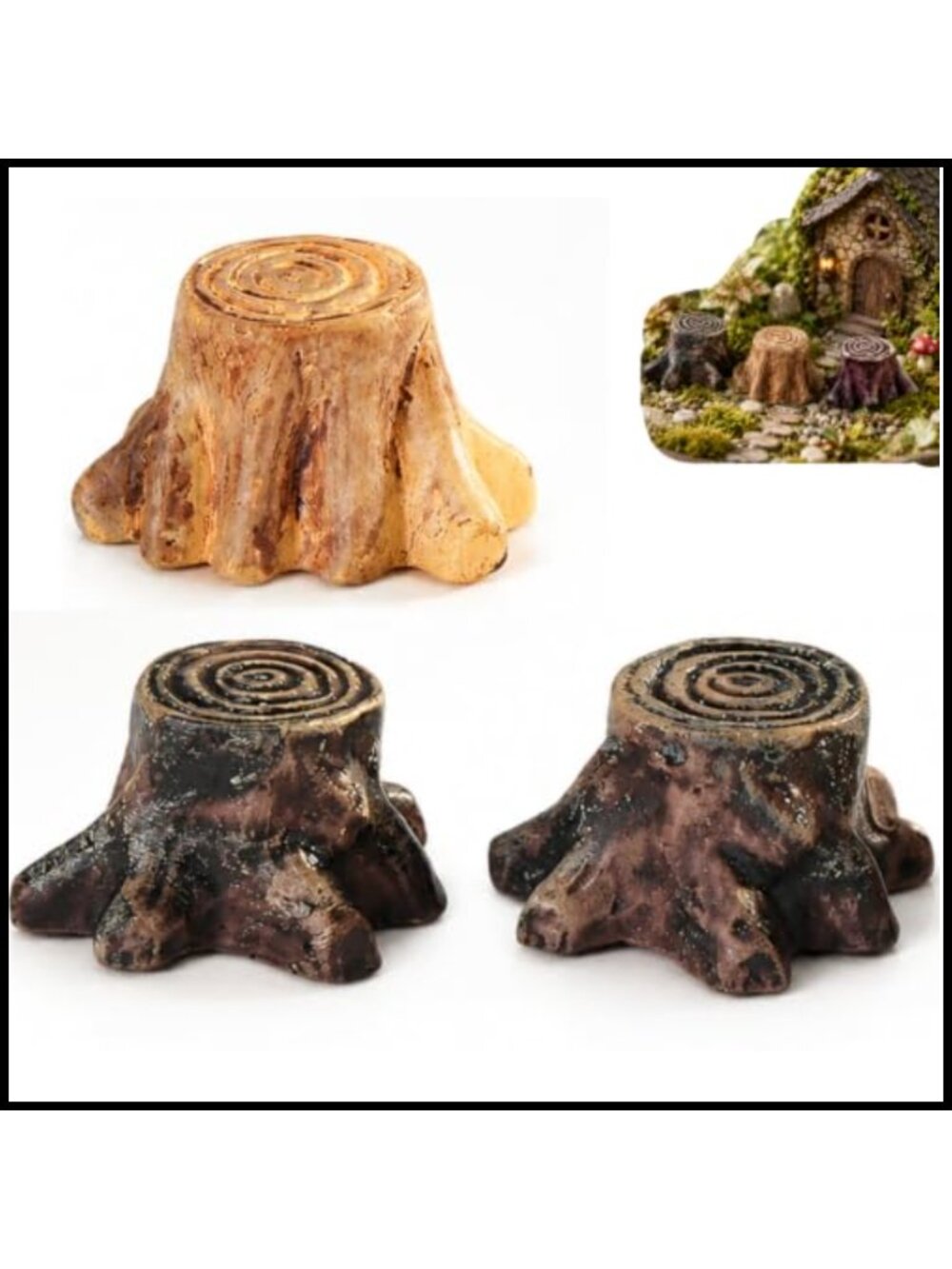 3Pc Miniature Resin Tree Stump Gnome Fairy Garden Figurines